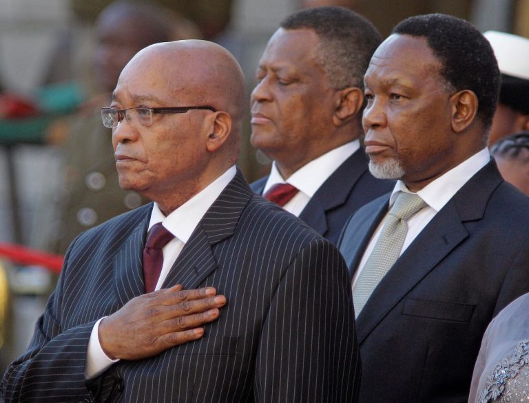   FILE - In this Thursday, Feb. 9, 2012 photo South African president Jacob Zuma, left, and deputy president Kgalema Motlanthe, right, during the opening of Parliament in Cape Town, South Africa. South Africaâs governing African National Congress will see Zuma compete against his soft-spoken deputy next week at a convention where members will pick who will lead the political party into the future _ and who will be in line to be the nationâs likely next president . (AP Photo Schalk van Zuydam, File)   