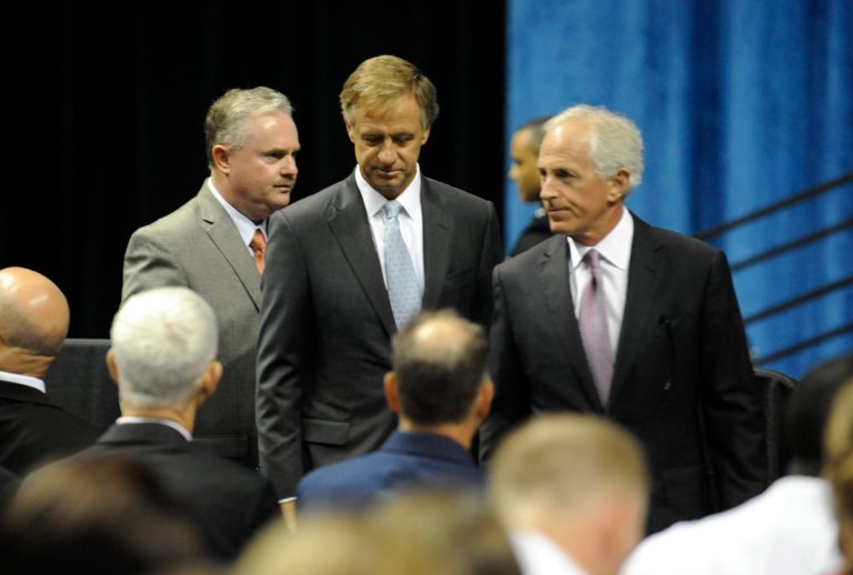 Gov. Bill Haslam and Senator Bob Corker were in attendance for the memorial service Saturday, Aug. 15, 2015, in Chattanooga, Tenn. The service is for four Marines and a sailor killed as a result of attacks on a military recruiting station and a Naval operations center July 16 in Chattanooga. (AP Photo/Mark Gilliland)