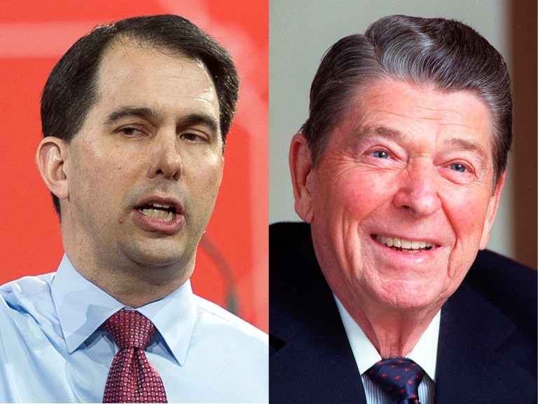 This combination made from file photos shows Wisconsin Gov. Scott Walker, left, and former President Ronald Reagan. (AP Photo)