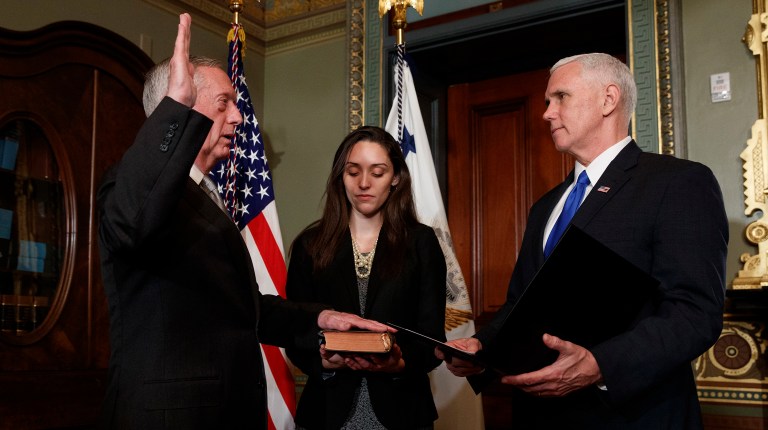 Vice President Mike Pence administers the oath of office the Defense Secretary James Mattis. (AP Photo/Evan Vucci)