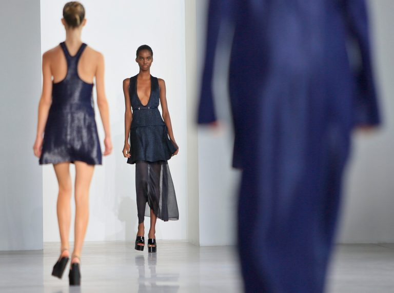 Fashion from Calvin Klein Spring 2015 collection is modeled during Fashion Week on Thursday, Sept. 11, 2014 in New York.  (AP Photo/Bebeto Matthews)