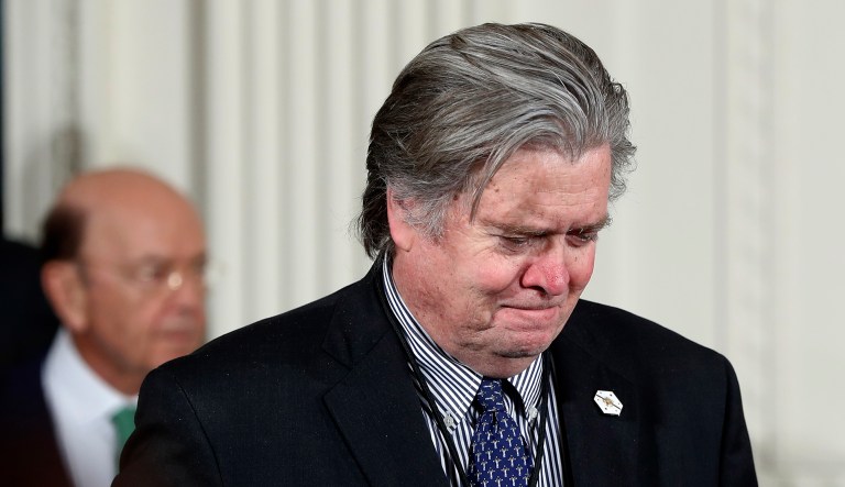 White House chief strategist Steve Bannon arrives for news conference with President Donald Trump and German Chancellor Angela Merkel in the East Room of the White House in Washington, Friday, March 17, 2017. (AP Photo/Pablo Martinez Monsivais)