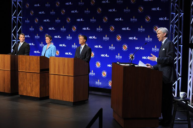 Maryland Democratic gubernatorial candidates, Attorney General Doug Gansler, from left, Rep. Heather Mizeur, D-Montgomery, and Lt. Gov. Anthony Brown take part in a Maryland Democratic primary gubernatorial debate at the University of Maryland in College Park, Md., Wednesday, May 7, 2014. Also pictured at right is moderator David Gregory of NBC News. (AP Photo/The Washington Post, Matt McClain, Pool)