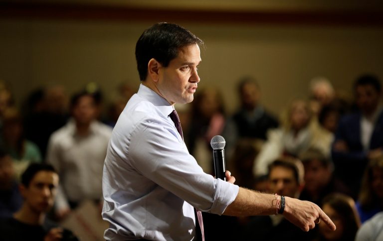 Marco Rubio highlighted the optimistic, future-oriented message at the heart of his campaign message and minimized negative attacks on his rivals. (AP Photo/Charlie Neibergall)