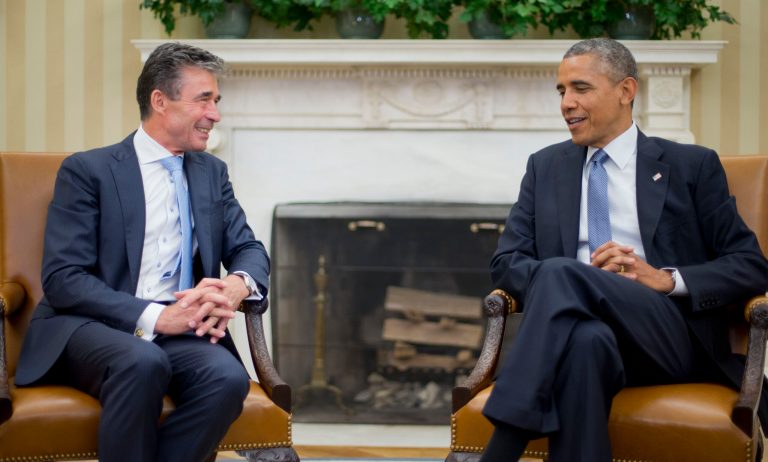 President Barack Obama meets with NATO Secretary General Anders Fogh Rasmussen in the Oval Office of the White House in Washington, Tuesday, July 8, 2014. (AP Photo/Pablo Martinez Monsivais)