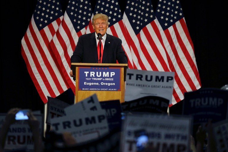 Republican presidential candidate Donald Trump speaks during a rally in Eugene, Ore., Friday, May 6, 2016. (AP Photo/Ted S. Warren)