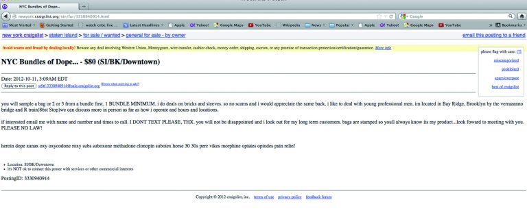 This photo of a computer screen shows a Craigslist ad for drugs in New York, Thursday, Oct.11, 2012. The New York Police Department has arrested people to make an example out of some of the smallest of small-time drug dealers: students, young professionals and others who clean out the medicine cabinet and then are brazen enough -- and foolish enough -- to offer the pills for up to $20 a pop over the Internet, in ads such as this one. (AP Photo)