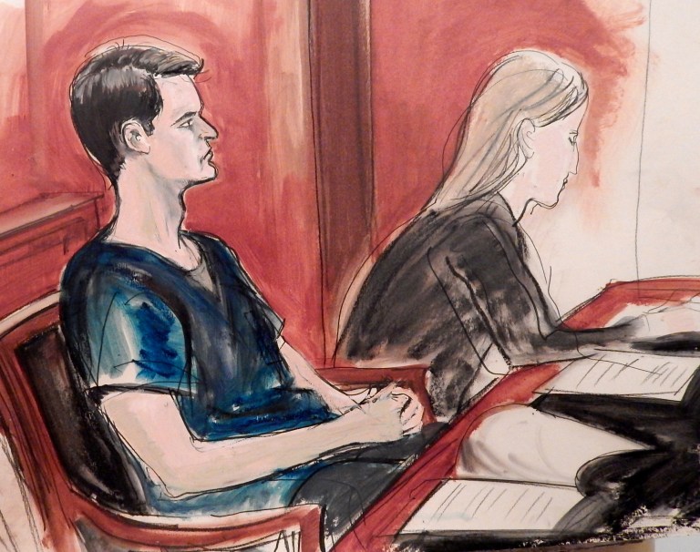 In this courtroom sketch, Ross William Ulbricht is seated in court and awaits sentencing Friday, May 29, 2015 in New York. The San Francisco man who created the online drug-selling site Silk Road was sentenced to life in prison by a judge who cited six deaths that resulted from drugs bought on his website and five people he tried to have killed. (AP Photo)