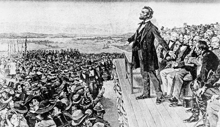 This illustration depicts President Abraham Lincoln making his Gettysburg Address at the dedication of the Gettysburg National Cemetery on the battlefield at Gettysburg, Pa. Amidst the carnage of the Civil War, the 16th president rallied Americans to the 