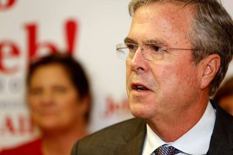 Republican presidential candidate former Florida Gov. Jeb Bush speaks during a press conference before he spoke at the East Cooper Republican Women's Club Annual Shrimp Dinner at Alhambra Hall in Mt. Pleasant, S.C., Thursday, Sept. 24, 2015. (AP Photo/Mic Smith)