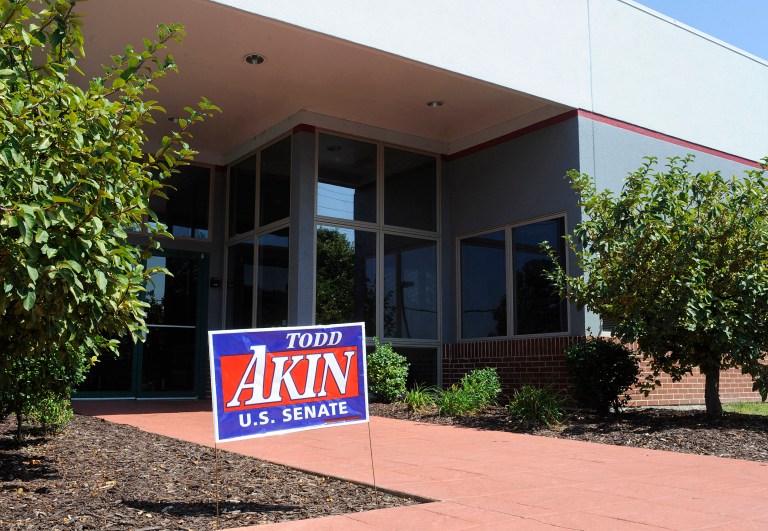 A campaign sign stands outside the Senate campaign office of U.S. Rep. Todd Akin, R-Mo., Tuesday, Aug. 21, 2012 in Chesterfield, Mo. Rep. Akin has come under pressure to abandon his Senate compaign after his comments that women's bodies can prevent pregnancies in cases of 