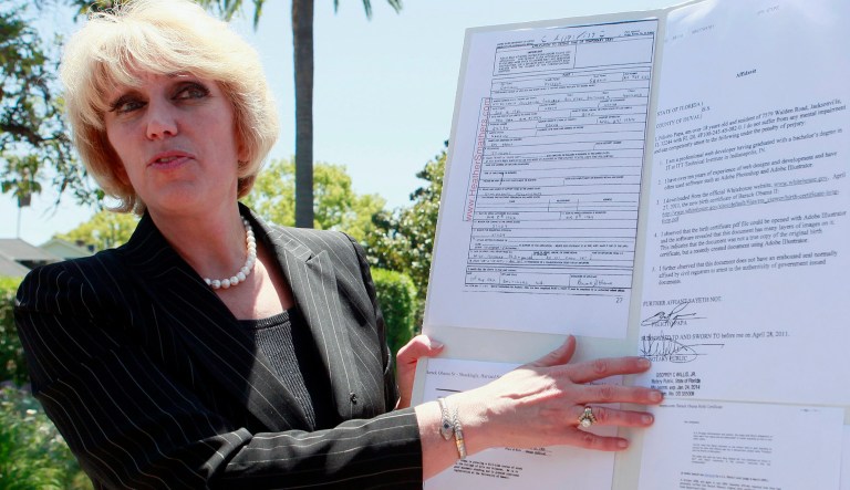 FILE - This May 2, 2011 file photo shows attorney Orly Taitz speaking to the media outside the 9th U.S. Circuit Court of Appeals in Pasadena, Calif., challenging Barack Obama's birth certificate. (AP Photo/Nick Ut, file)