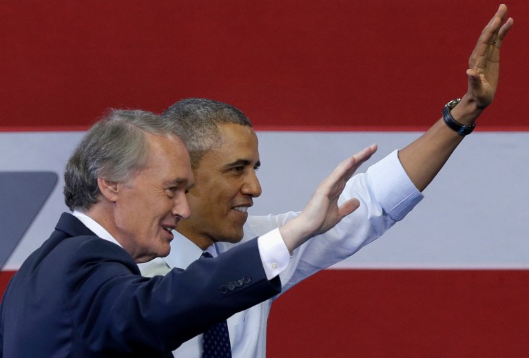 President Obama campaigns for then-Senate candidate Rep. Ed Markey during an election rally in Boston's Roxbury neighborhood on June 12. (AP Photo/Elise Amendola)