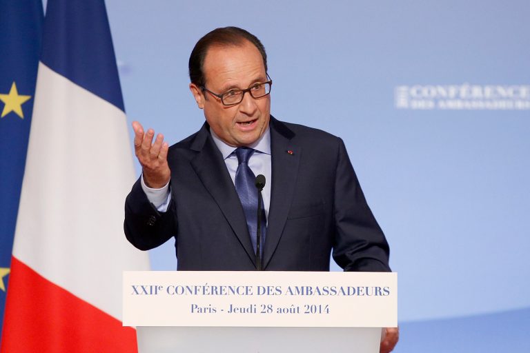 French President Francois Hollande delivers his speech to French Ambassadors at the Elysee Palace, Thursday, Aug. 28. 2014. The French leader who once decried global finance and vowed a 75-percent tax on millionaires has quashed dissent from his Socialist government's left flank and appointed a well-heeled former investment banker as his new point man on the economy.   (AP Photo/Christophe Ena, Pool)