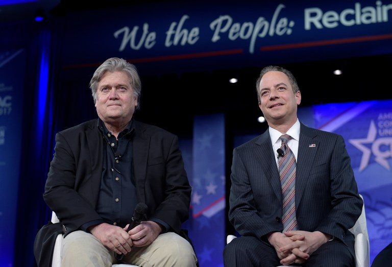 White House Chief of Staff Reince Priebus, right, and White House strategist Stephen Bannon, speak at the Conservative Political Action Conference (CPAC) in Oxon Hill, Md., on Thursday. (AP Photo/Susan Walsh)
