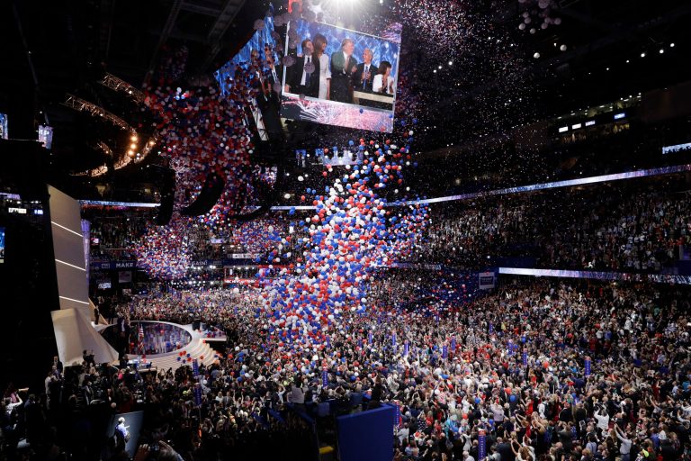 Balloons fall after Republican Presidential Candidate Donald Trump, addresses the delegates during the final day of the Republican National Convention in Cleveland, Thursday, July 21, 2016. (AP Photo/John Locher)