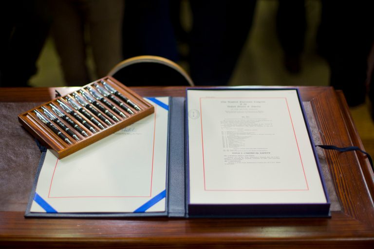 H.R. 2576, the Frank R. Lautenberg Chemical Safety for the 21st Century Act., waits to be signed by President Barack Obama, Wednesday, June 22, 2016, at the Eisenhower Executive Office Building on the White House complex in Washington. (AP Photo/Pablo Martinez Monsivais)