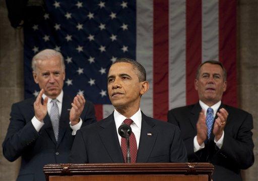 President Barack Obama delivers his State of the Union address on Capitol Hill in Washington, Tuesday, Jan. 24, 2012, as Vice President Joe Biden and House Speaker John Boehner, right, applaud. 