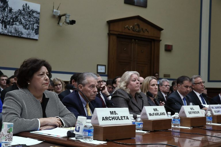 Katherine Archuleta, director of the Office of Personnel Management, Patrick McFarland, inspector general of the Office of Personnel Management, Donna Seymour, CIO of the Office of Personnel Management, Ann Barron-DiCamillo, director of the Homeland Security Department's U.S. Computer Emergency Readiness Team, Eric Hess, CEO of KeyPoint Government Solutions, and Rob Giannetta, CIO of US Investigations Services, appear before during a House Oversight and Government Reform Committee hearing on Capitol Hill June 24, 2015 in Washington, DC. The committee is hearing testimony on the recent data breach at the Office of Personnel Management. (Photo by Mark Wilson/Getty Images)