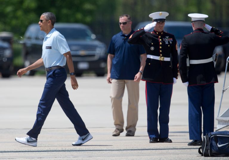 President Barack Obama,Â walks from Marine One, Sunday, May 3, 2015, in Andrews Air Force Base, Md., as he returns from presidential retreat at Camp David, Md. (AP Photo)