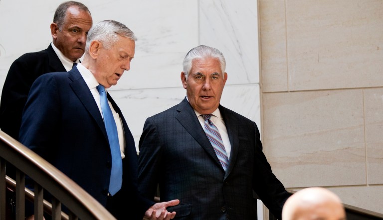 Secretary of State Rex Tillerson, right, and Defense Secretary Jim Mattis arrive on Capitol Hill in Washington, Wednesday, Aug. 2, 2017, to brief the Senate Foreign Relations Committee behind closed-doors regarding the administration's perspective on the authorizations for the use of military force. (AP Photo/Manuel Balce Ceneta)