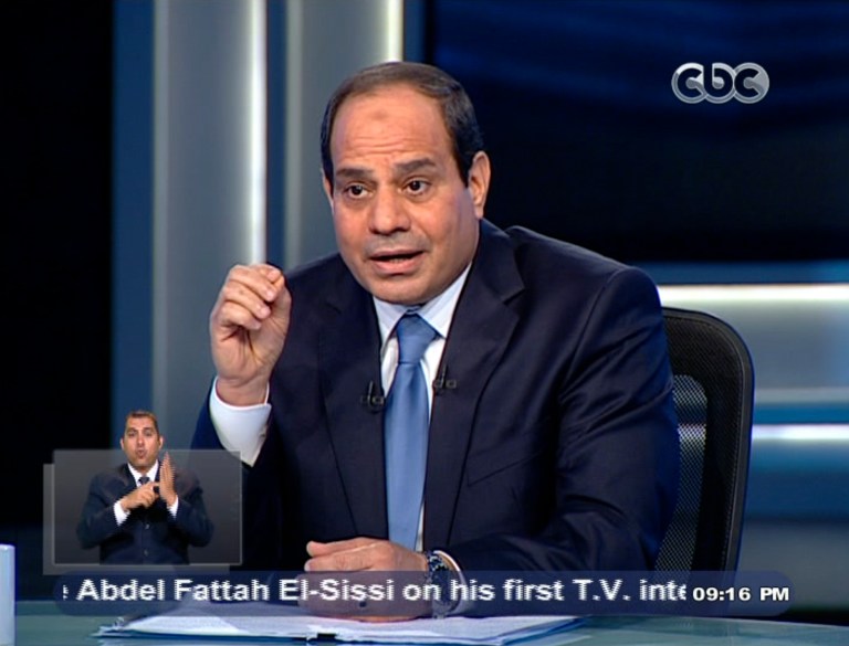 In this image made from video broadcast on Egypt's State Television, Egypt's retired Field Marshal Abdel-Fattah el-Sissi listens to a question during an interview in a nationally televised program in Cairo, Egypt, Monday, May 5, 2014. Former army chief Abdel-Fattah el-Sissi said that he decided to run for president of Egypt because of the 