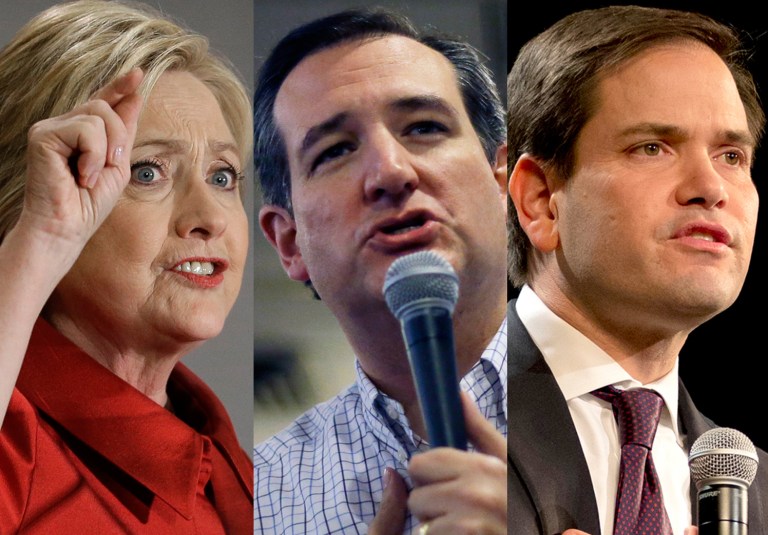 A new poll shows that likely Democratic nominee Hillary Clinton would lose to Sens. Ted Cruz and Marco Rubio in a general election. (AP Photos)