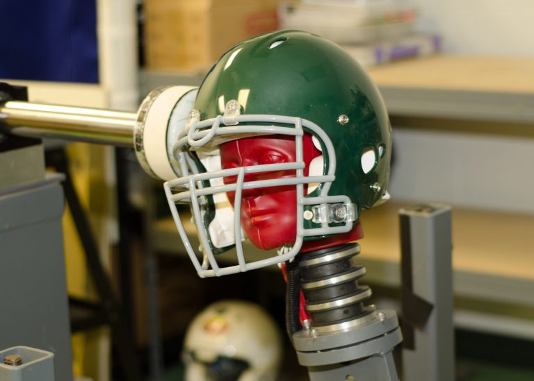 This handout photo provided by the Southern Impact Research Center in Tennessee, taken June 18, shows equipment that can test how football helmets perform against certain concussion-causing forces. There is no concussion-proof football helmet, but an organization that sets safety standards for athletic equipment was preparing new testing criteria.