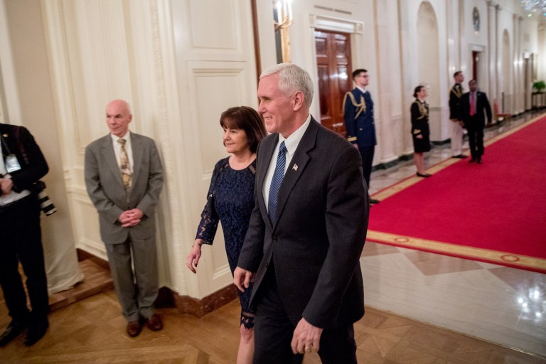 Pence said in an interview that he never eats alone with a woman other than his wife. (AP Photo/Andrew Harnik)
