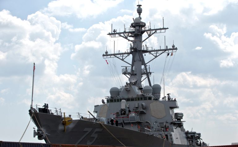 The USS Donald Cook is docked in the Black Sea port of Constanta, Romania, Monday. A U.S. military official says a Russian fighter jet made multiple, close-range passes near an American warship in the Black Sea for more than 90 minutes Saturday amid escalating tensions in the region. The official says the fighter flew within 1,000 yards of the USS Donald Cook, a Navy destroyer, at about 500 feet above sea level, saying this prompted ship commanders to issue several radio warnings. (AP Photo/Vadim Ghirda)