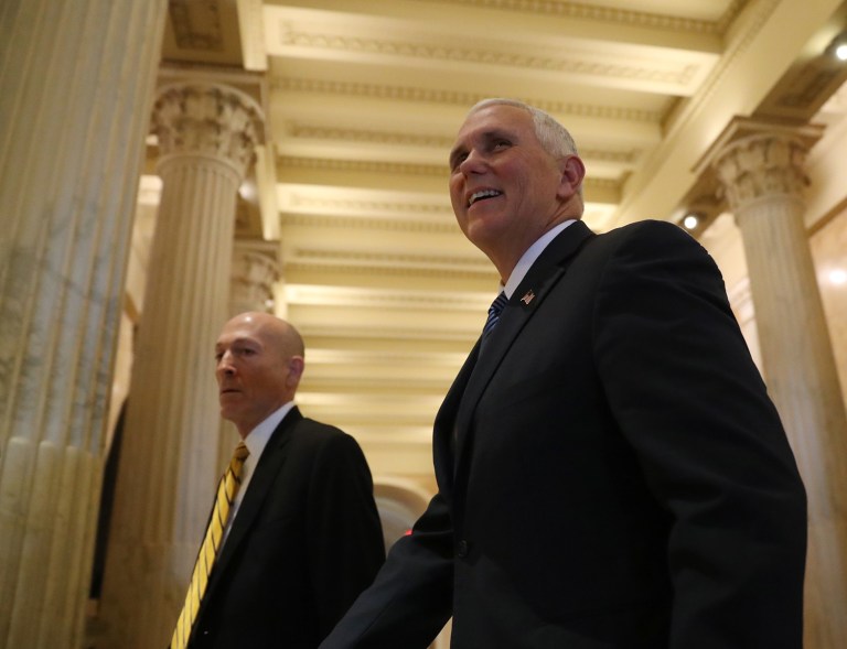 Pence, who ran the House Republican conference just a few years ago, was met with thunderous applause and a standing ovation in a closed-door meeting with his former colleagues. (AP Photo)