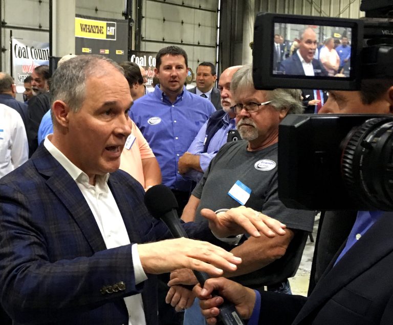 EPA Administrator Scott Pruitt, talks to a reporter after speaking at Whayne Supply in Hazard, Ky, Monday, Oct. 9, 2017. (AP Photo/Adam Beam)