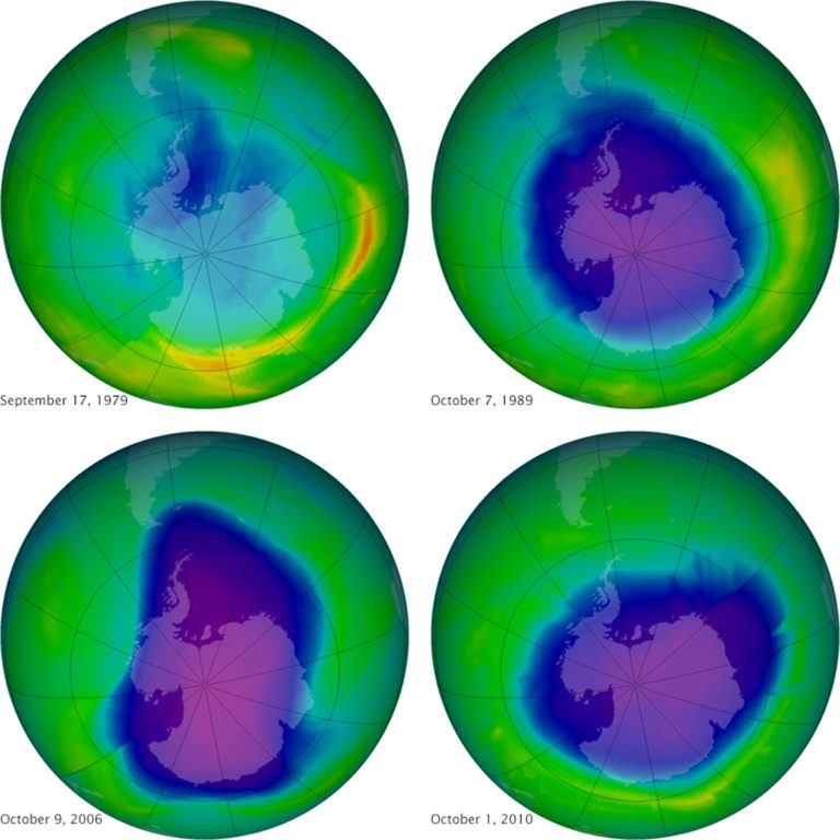This undated image provided by NASA shows the ozone layer over the years, Sept. 17, 1979, top left, Oct. 7, 1989, top right, Oct. 9, 2006, lower left, and Oct. 1, 2010, lower right. Earth protective but fragile ozone layer is finally starting to rebound, says a United Nations panel of scientists. Scientists hail this as rare environmental good news, demonstrating that when the world comes together it can stop a brewing ecological crisis. (AP Photo/NASA)