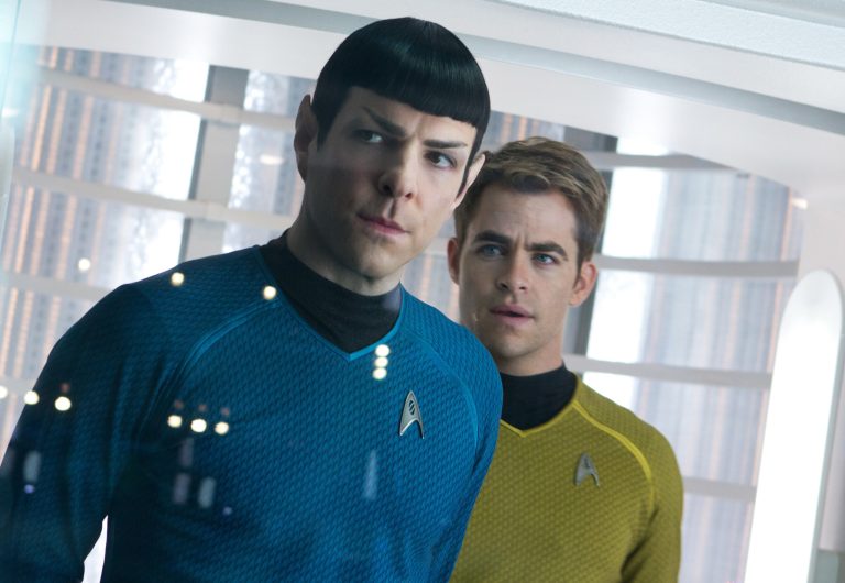 This undated publicity film image released by Paramount Pictures shows, Zachary Quinto, left, as Spock and Chris Pine as Kirk in a scene in the movie, 
