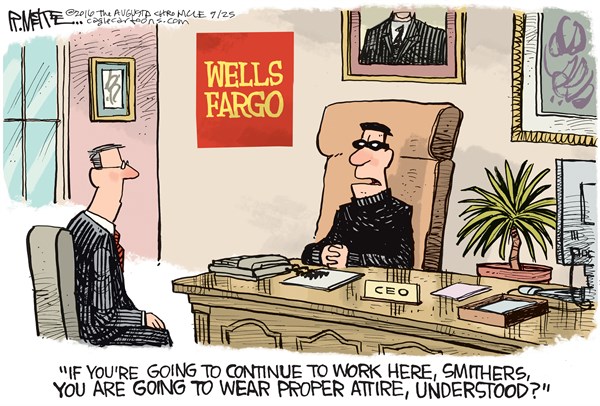 Editorial cartoon: Proper Wells Fargo work attire