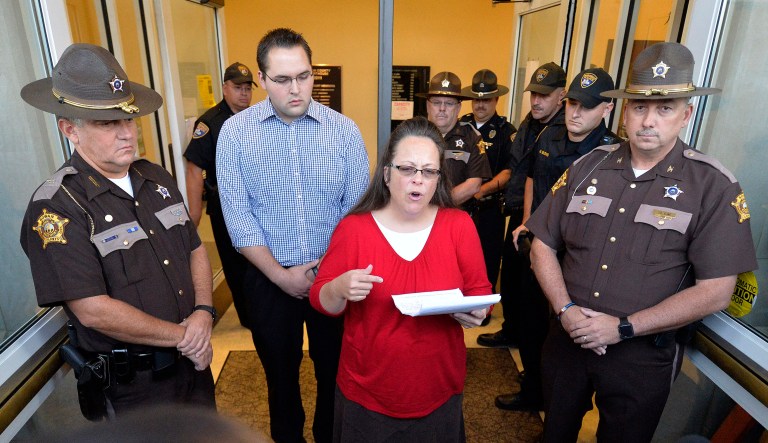 A federal appeals court is allowing a same-sex couple's lawsuit to proceed against Rowan County clerk Kim Davis, who denied a gay couple a marriage license in Kentucky in 2015. (AP Photo/Timothy D. Easley)
