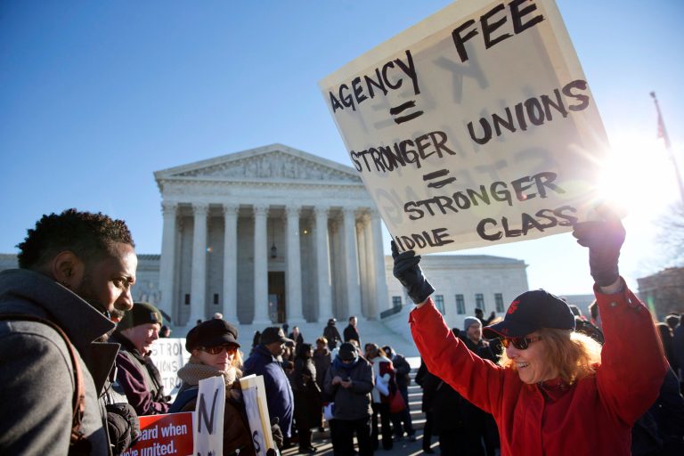 The case is of major interest to labor unions, for whom the fees are a major source of revenue. (AP photo/Jacquelyn Martin)