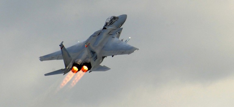 An F-15D Eagle takes off Feb. 19, 2015, from the Portland Air National Guard Base, Ore. The F-15 is assigned to the 142nd Fighter Wing. (U.S. Air National Guard photo/Tech. Sgt. John Hughel)Â 