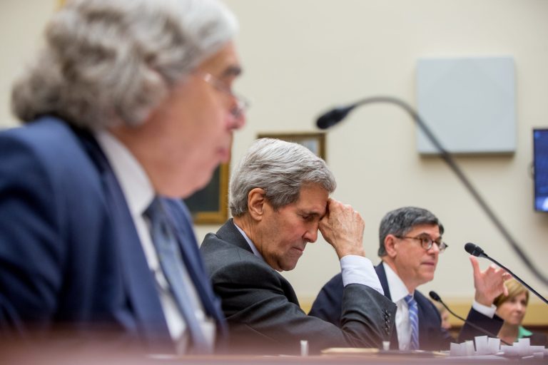 Secretary of Treasury Jack Lew, right, Secretary of Energy Ernest Moniz, left, and Secretary of State John Kerry, center, appear before a House Foreign Affairs Committee hearing in Washington, Tuesday. (AP Photo/Andrew Harnik)