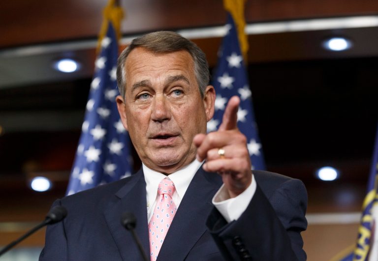 FILE - In this July 24, 2014, file photo, House Speaker John Boehner, R-Ohio, talks with the media on Capitol Hill in Washington. While much of the rest of the world watches the Gaza war in horror and scrambles for a cease-fire, U.S. lawmakers are pressing the Obama administration to take no action that puts pressure on Israel to halt its military operations. Boehner said Monday, July 28, the administration should 