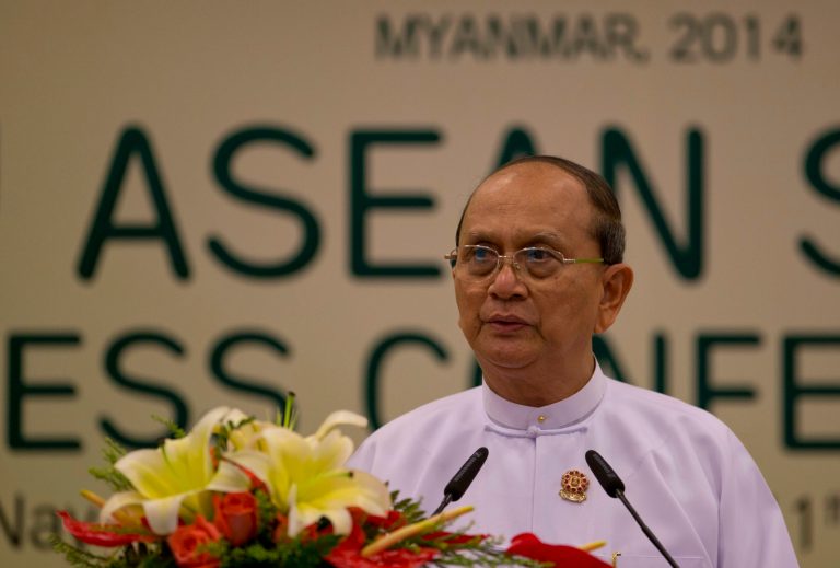 Myanmar President Thein Sein delivers a statement concluding the Association of Southeast Asian Nations leaders Summit in Naypyitaw, Myanmar, Sunday, May 11 2014. Vietnam and the Philippines pushed for stronger action to confront China's aggressive behavior in the South China Sea in the first regional summit hosted by Myanmar, but President Thein Sein made no direct mention of the China in his statement. (AP Photo/Gemunu Amarasinghe)
