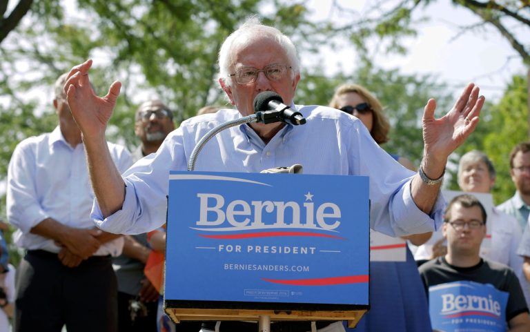 Democratic presidential candidate, Sen. Bernie Sanders, I-Vt., speaks in Marion, Iowa. (AP Photo/Charlie Neibergall)