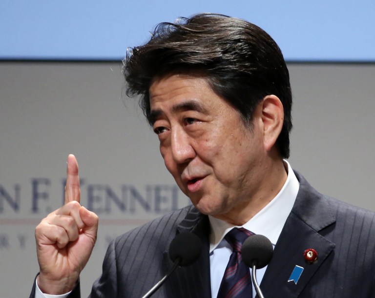 In this March 18, 2015 file photo, Japanese Prime Minister Shinzo Abe speaks in Tokyo. House Speaker John Boehner is inviting Abe to address a joint meeting of Congress next month. The Ohio Republican announced Thursday that Abe -- who will be the first Japanese leader to address Congress -- is scheduled to speak on April 29. (AP Photo/Eugene Hoshiko, File)