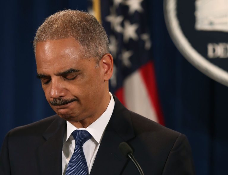 WASHINGTON, DC - JUNE 25:  U.S. Attorney General Eric Holder makes a statement on the U.S. Supreme Court's ruling on the Voting Rights Act at the Justice Department on June 25, 2013 in Washington, DC. The high court ruled that Section 4 of the Voting Rights Act, which aimed at protecting minority voters, is unconstitutional  (Photo by Mark Wilson/Getty Images)