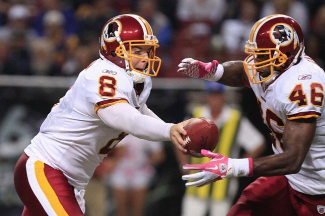 Rex Grossman makes the handoff to Ryan Torain on Oct. 2, 2011 at the Edward Jones Dome in St. Louis. The Redskins defeated the Rams 17-10.