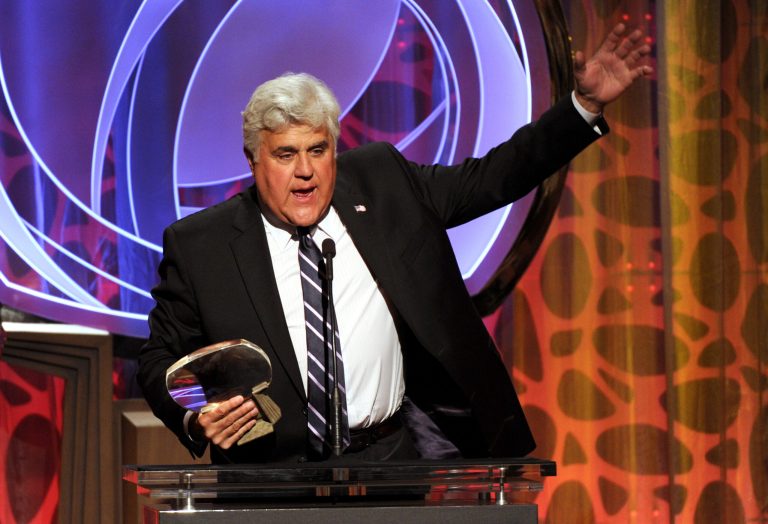 In this Tuesday, March 11, 2014 photo, Hall of Fame inductee Jay Leno speaks on stage at the 2014 Television Academy Hall of Fame at the Beverly Wilshire in Beverly Hills, Calif. In an interview on Thursday, May 8, 2014, Leno says the recent collapse of U.S.-backed Mideast peace talks should make his job just a little easier when he performs in front of Israeli Prime Minister Benjamin Netanyahu later in the month. (Photo by Frank Micelotta/Invision for the Television Academy/AP Images)