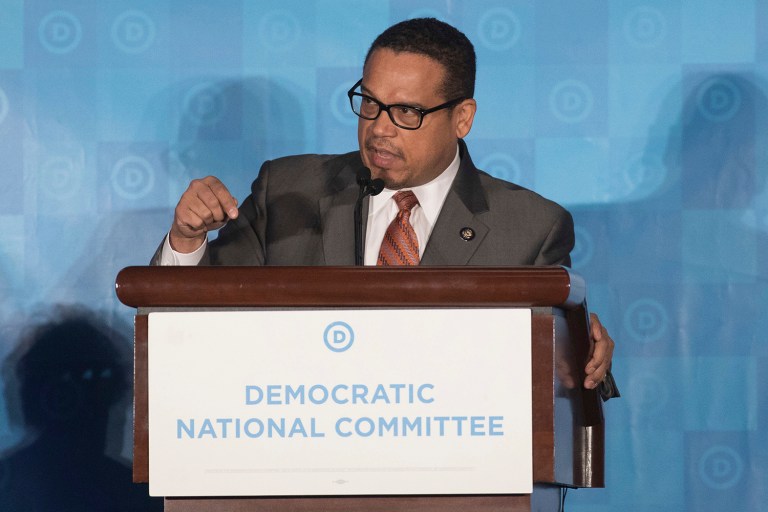 Rep. Keith Ellison, D-Minn., speaks during the general session of the DNC winter meeting in Atlanta, Saturday, Feb. 25, 2017. (AP Photo/Branden Camp)