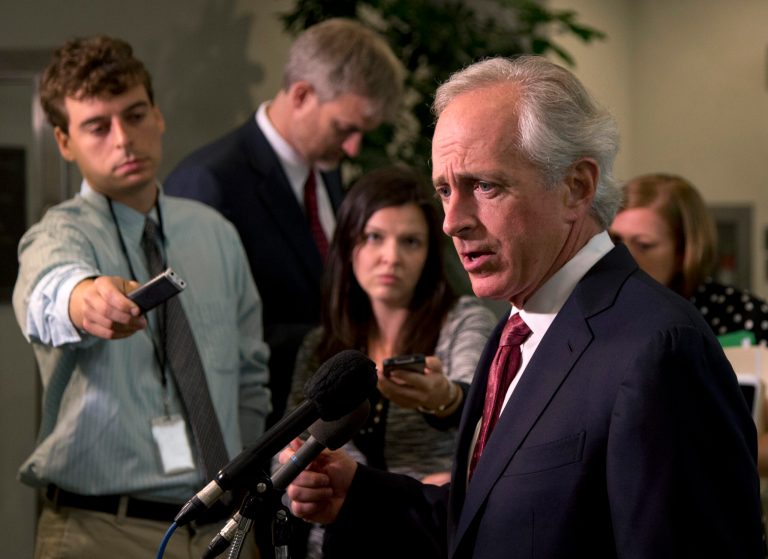 Sen. Bob Corker, R-Tenn., ranking Republican on the Senate Foreign Relations Committee, talks to reporters on Capitol Hill in Washington, Wednesday, Sept. 4, 2013, as walks to a closed-door Senate committee meeting on the authorization of the use of force in Syria. (AP Photo/Carolyn Kaster)