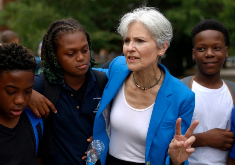 Green Party nominee Jill Stein was escorted off the Hofstra University campus Monday night, after protesting that she wasn't invited to the debate between Hillary Clinton and Donald Trump. (AP Photo)