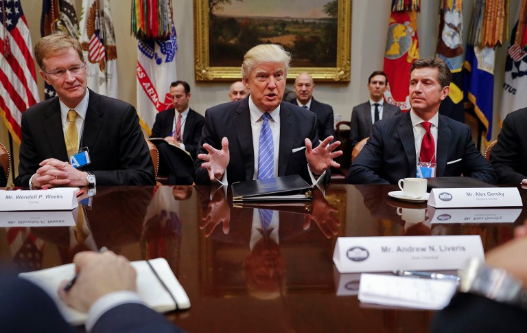 President Trump told business leaders on Monday that he plans to undo three-quarters of existing regulations while slashing corporate taxes in order to encourage building. (AP Photo/Pablo Martinez Monsivais)